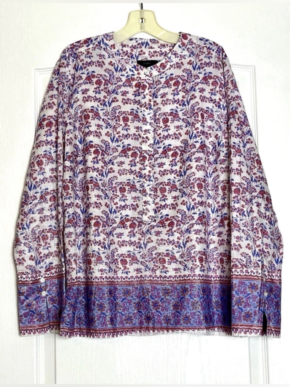 J. Crew Iris Block Floral Tunic Popover Size M Purple Red Pink Cotton Metallic